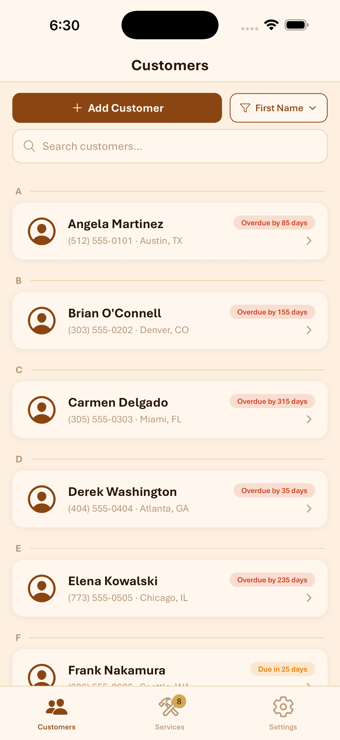 Callcard CRM customer list screen