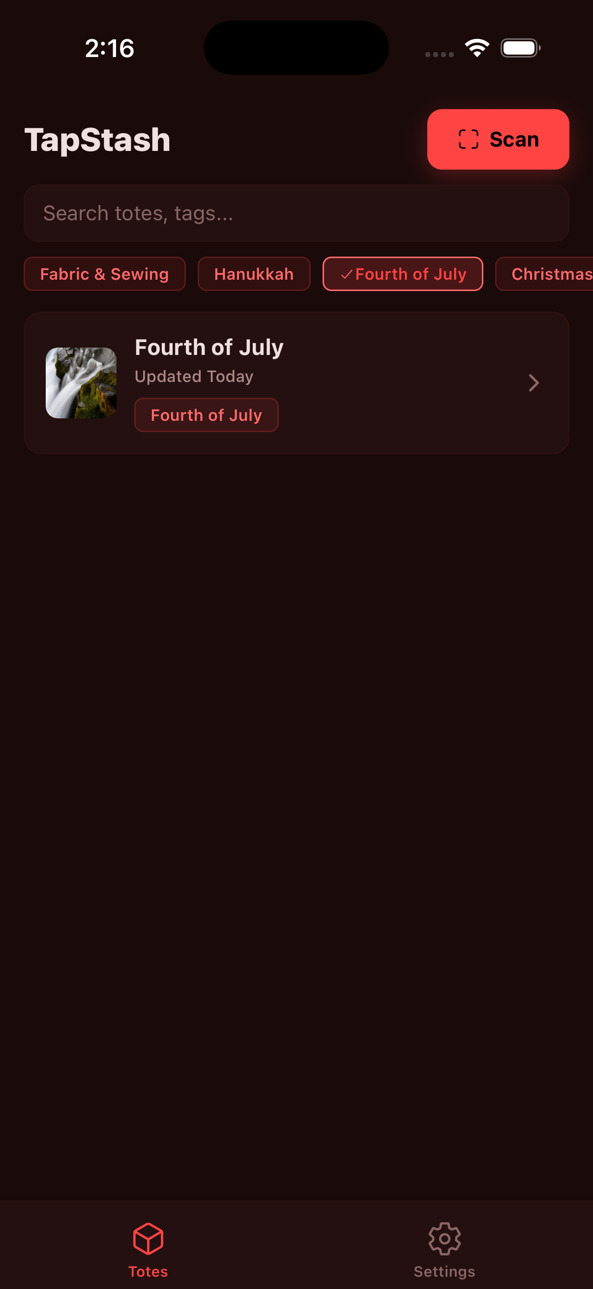 TapStash home screen showing storage totes list